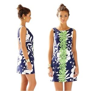Lilly Pulitzer Shift Dress Navy White Green Floral Lace Trim Size 0 Resort